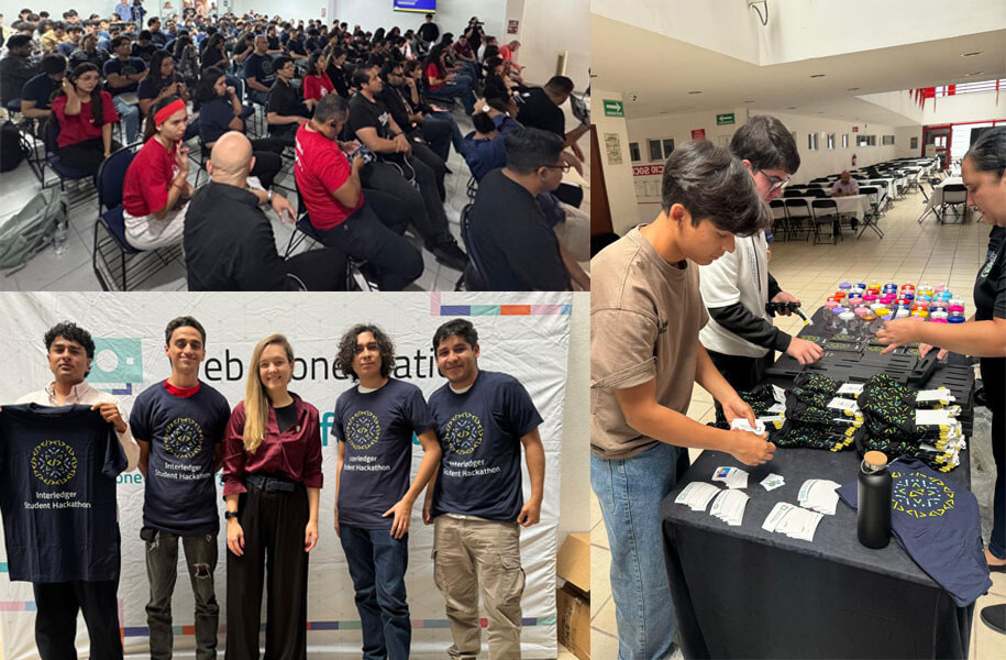 Collage of photos showing hackathon students wearing or holding hackathon T-shirts and stickers.