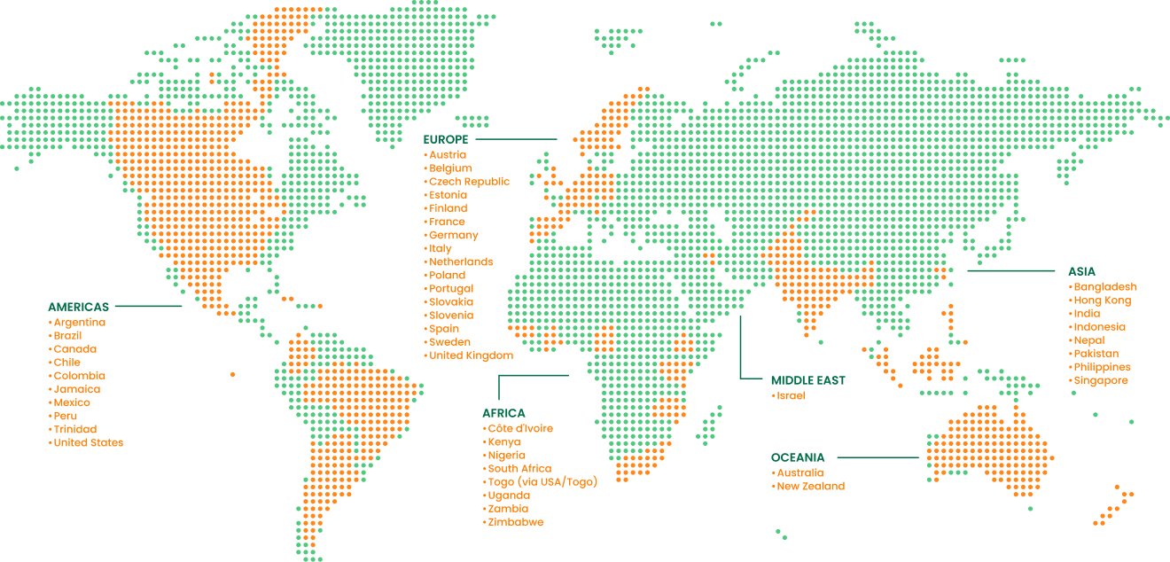 Mapa mundial que muestra los países donde trabajan los beneficiarios de subvenciones de Interledger Foundation
